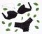 Strapless black bra and pantie with pendant and green leaves