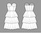 Strapless dress bustier technical fashion illustration with fitted body, 3 row knee length ruffle tiered skirt. Flat