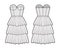 Strapless dress bustier technical fashion illustration with fitted body, 3 row knee length ruffle tiered skirt. Flat