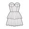 Strapless dress bustier technical fashion illustration with sleeveless, fitted body, 2 row mini length tiered skirt