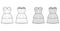 Strapless dress bustier technical fashion illustration with sleeveless, fitted body, 2 row mini length tiered skirt