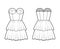 Strapless dress bustier technical fashion illustration with sleeveless, fitted body, 2 row mini length tiered skirt