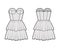 Strapless dress bustier technical fashion illustration with sleeveless, fitted body, 2 row mini length tiered skirt