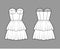 Strapless dress bustier technical fashion illustration with sleeveless, fitted body, 2 row mini length tiered skirt