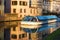 Strasbourg, water canal in Petite France area. Half timbered houses and trees in Grand Ile. Alsace, France. Unesco Site.