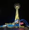 The STRAT Hotel, Casino and SkyPod and Las Vegas Boulevard Gateway Arches at Night