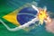 Strategic rocket destroyed in air, Brazil nuclear missile protection concept - missile defense military industrial 3D illustration