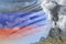 Stratovolcano eruption at day time with white smoke on Nauru flag background, troubles because of eruption and volcanic ash