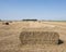 Straw bales in agriculture country landscape of north groningen in the netherlands