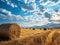 Straw bales on the field under the blue sky with clouds Generative AI
