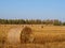 Straw bales on harvested cereal field, autumn agriculture background