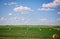 Straw bales and oil well in a Montana landscape