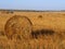 Straw bales and tractor on harvested cereal field, autumn agriculture background