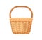 Straw basket with woven handle. Empty wicker without lid. Realistic basketwork for storage. Handmade natural wickerwork