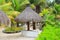 Straw beach umbrellas and palm trees in a tropical resort