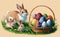 Straw Easter basket with several colorful eggs and mother rabbit with babies.