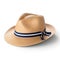 Straw fedora hat isolated. Summer hat with ribbon.