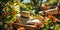 a straw hat with a book lying on a table in the garden