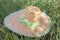 Straw hat of gardener rests on the garden.