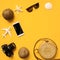 Straw hat, retro film camera, bamboo bag, sunglasses, coconut, pineapple, sea shells and starfish, air plane, notebook