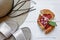 Straw hat, silver slippers and fruits cake