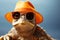 Straw hat wearing turtle dons shades, adorning its cool, laid back demeanor