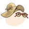 Straw hat with wide flaps and sunglasses in red frame