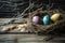 straw nest full of colourful eggs on a wooden floor. Generator AI