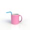 Straw in pink coffee cup isolated on white background. Mock up Template for application design. Exhibition equipment.