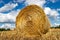 Straw pressed into round sheaves. Straw after mowing in bales in the field