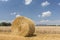 Straw roll bales with crop field, photovoltaic panel and blue sky in background