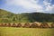 Straw rolls on field. Altai mountains