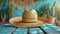 A straw sombrero on a blue table with a cactus background.