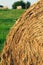 Straw stack with green grass and other bales in background