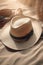 Straw sunhat and bag on sand background, created using generative ai technology