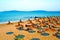 Straw umbrellas on peaceful beach in Bulgaria