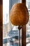 Straw wicker lampshade on polished metal stand