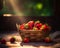 Strawberries in a basket on a wooden table A basket overflowing with juicy, ripe strawberries