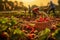 Strawberries in a basket. Woven basket full of strawberries in a strawberry field on a berry farm