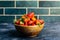 Strawberries in a bowl. Fresh strawberries in a wooden bowl on a background of the kitchen. Berries, fruits, food background