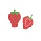 Strawberries composition, whole fruit and its cut half piece. Fresh red berries with peduncle. Healthy summer food. Flat