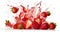 Strawberries falling, fresh strawberry sliced flying in the air, water splashing isolated on white background, tasty fruit,