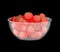 Strawberries in glass bowl. Berries in deep dish plate. Red fresh fruit