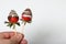 Strawberries glazed in black and white chocolate. Dressed on wooden sticks. A man holds them in his hand. On a white background