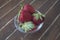 Strawberries inside transparent bowl on wood close up