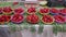 Strawberries for sale in the Marrakesh Souk along one side of Jemaa el-Fnaa square and market place in Marrakesh`s medina quarter.