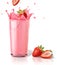 Strawberries splashing into a milkshake glass, with two others on the floor.