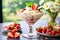 strawberry banana dessert martini glass full pieces fresh banana strawberries cream organic y