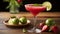 a strawberry basil margarita, adorned with lime and a salted rim--an ideal spring or summer cocktail or mocktail, AI-generated