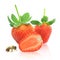 Strawberry berry with green leaf and honey bee